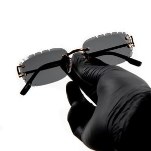 Mens Hand Carved Dark Black Tint Rimless Gold Frame Diamond Cut Lens Sunglasses